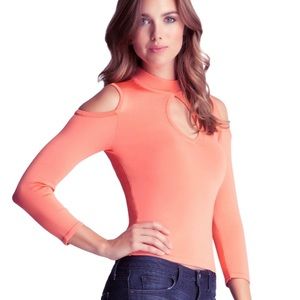 Bebe Keyhole Cold Shoulder Stretch Top Coral S